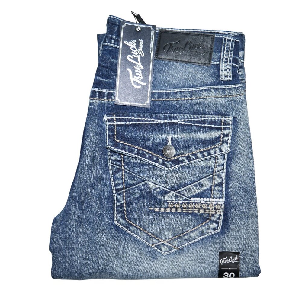 NEW True Luck Dark Wash Jeans Men's Size 30x30 Thick Stitch Straight Leg BKE
